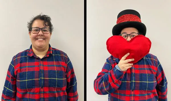 A person wearing a red and blue flannel smiling into the camera next to an image of the same person holding a red heart and wearing a top hat.